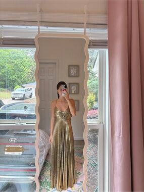 Gold Metallic Pleated Maxi Dress with Tie in Back